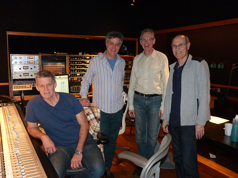 In the booth at EastWest Studios in Hollywood March 22 for one of the  final episodes of "Mad Men" - engineer Jim Hall, composer David Carbonara, contractor John Rosenberg, and orchestrator Geoff Stradling. Photo: Linda A. Rapka