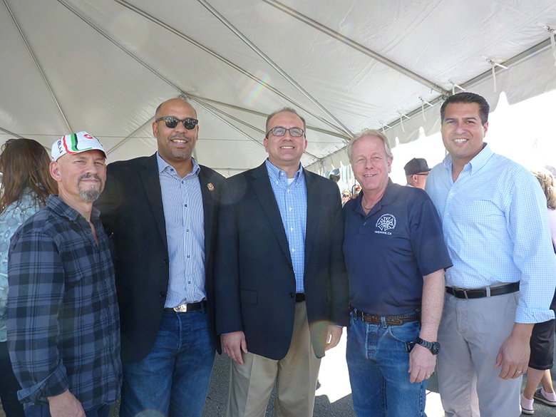 RMA President Marc Sazer and Local 47 Vice President John Acosta, pictured with Assemblyman Raul Bocanegra, I.A.T.S.E. Local 44 business agent Ed Brown, and District 7 City Councilmember Felipe Fuentes, were among several musicians at a small-business rally at Independent Studio Services March 15 to support enhancing California's tax credit program.