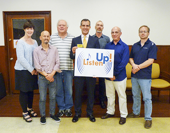 Los Angeles Mayor Eric Garcetti — recently named Honorary Member of Local 47 — shows his support of  Listen Up! pictured above with rank-and-file Listen Up! campaign members Elizabeth Hedman, Marc Sazer, Phil Ayling, Doug Tornquist, Rafael Rishik, and Neil Samples. Photo by Kori Chappell