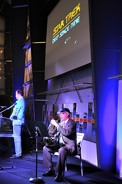 Horn player Brian O’Connor received the Tenacious Bravery Award at UCLA’s Golden Portal Awards July 12, where the two-time brain tumor survivor performed two of the horn solos he originally played on the TV series “Star Trek: Deep Space Nine” and “Star Trek: Generations.” Photo: Vince Bucci
