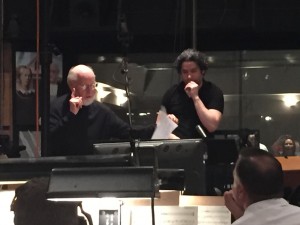 Composer John Williams with guest conductor Gustavo Dudamel during one of the scoring sessions for “Star Wars: The Force Awakens” at Sony Studios. Photo courtesy Don Williams