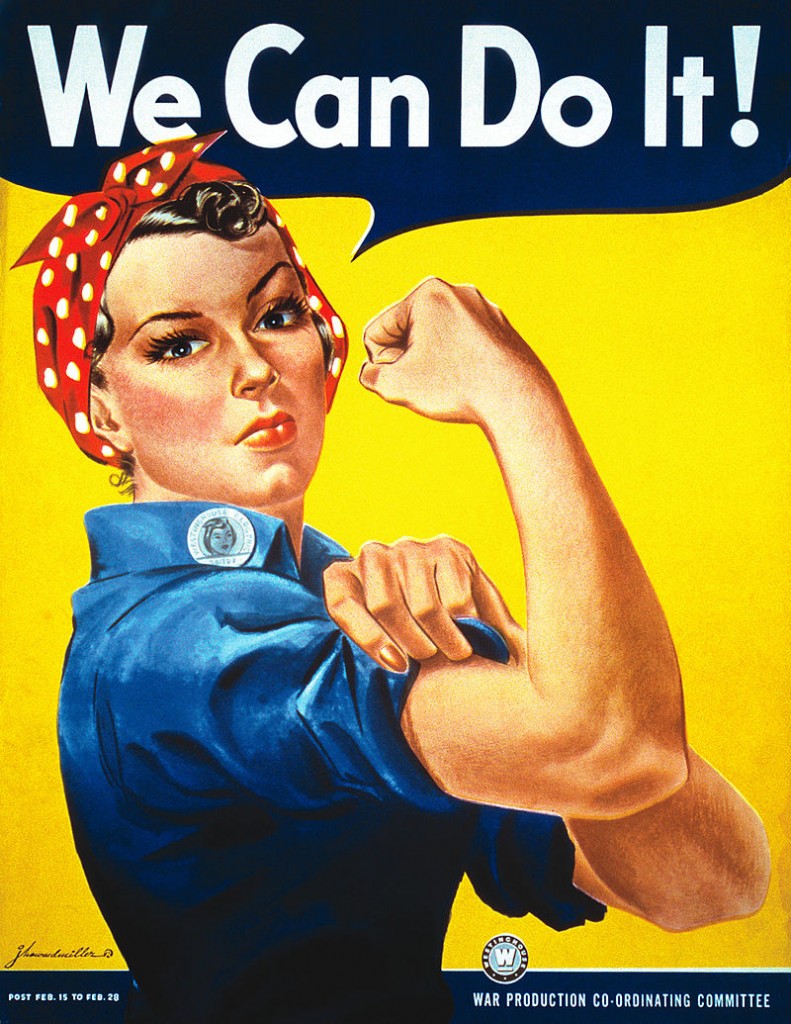 In 1942, Pittsburgh artist J. Howard Miller was hired by the Westinghouse Company’s War Production Coordinating Committee to create a series of posters for the war effort. One of these posters became the famous “We Can Do It!” image—an image that in later years would also be called “Rosie the Riveter,” though it was never given this title during the war. It was only later, in the early 1980s, that the Miller poster was rediscovered and became famous, associated with feminism, and often mistakenly called “Rosie The Riveter.” (Illustrator: J. Howard Miller. Public Domain)