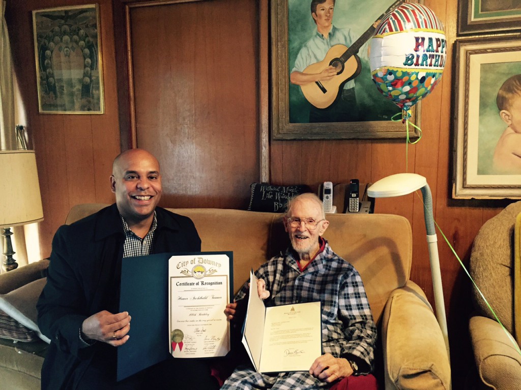 Local 47 President John Acosta with Life Member Homer Archibald "Slim" Tanner, celebrating Slim's 100th birthday! (Photos by Linda A. Rapka)