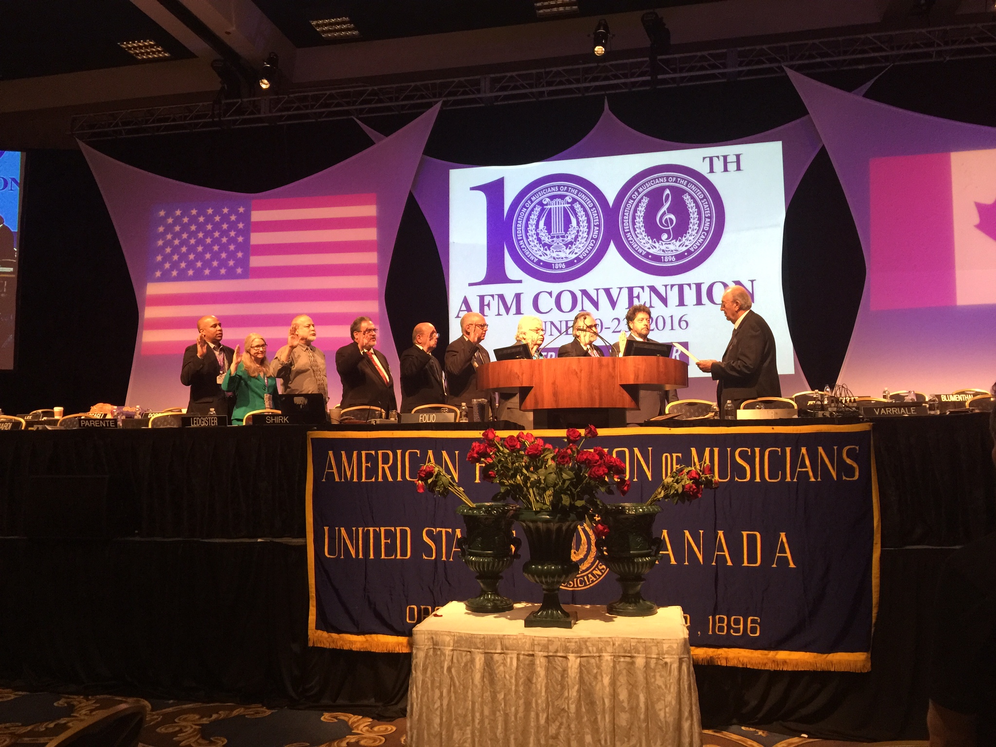 The new AFM International Executive Board members - including our own President John Acosta - being sworn in at the 100th Convention. (Photo: Bonnie Janofsky)