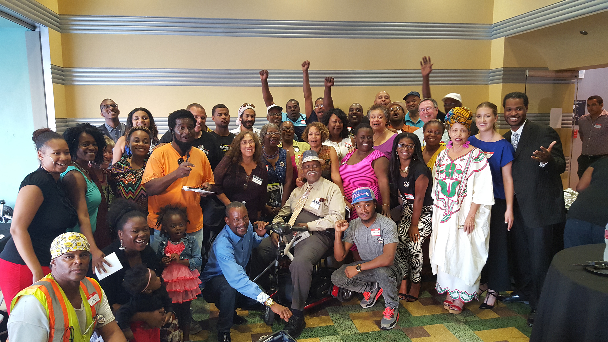 Workers and supporters of the Los Angeles Black Worker Center and former members and family of the historical L.A. musicians union Local 767 join together at the BlackMusic, BlackWork kickoff fundraising event, which took place at the Vision Theatre in Liemert Park July 21. (Photo: Linda A. Rapka)